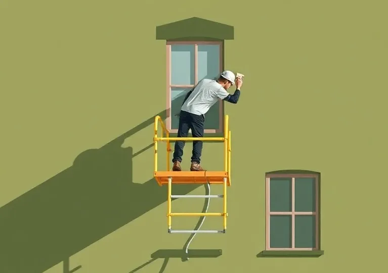 Peintre sur échafaudage traitant la façade d'une maison