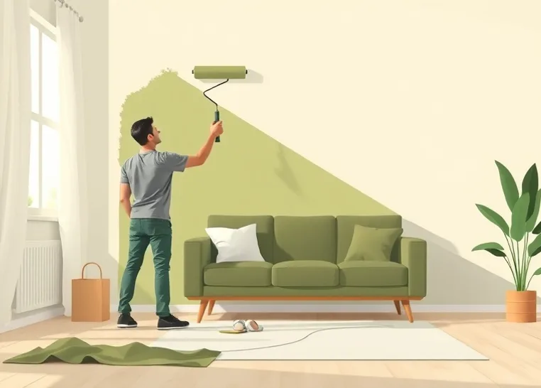 Peintre appliquant la peinture au rouleau sur un mur de salon